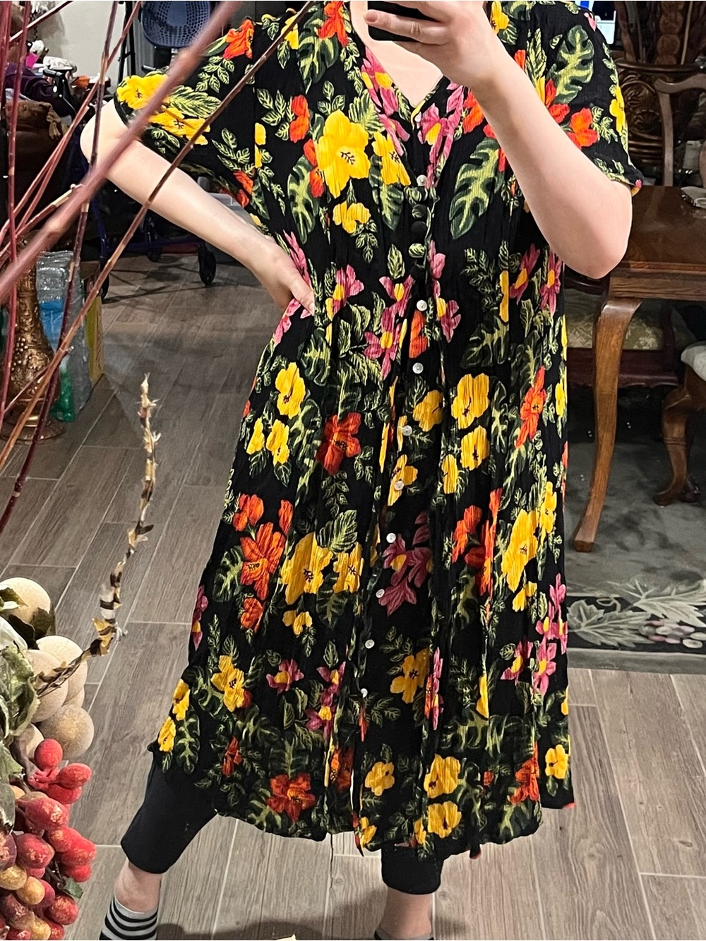 Vintage 90’s Black Floral Midi Dress with Yellow & Pink Blooms Tropical Witchy